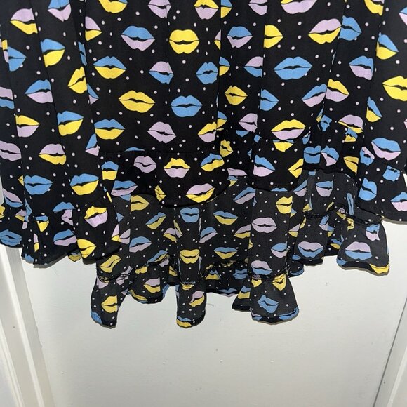 Anna Sui Black Multicolor Lip Print Ruffle Hem Retro Art Midi Skirt Size Large - Picture 4 of 8